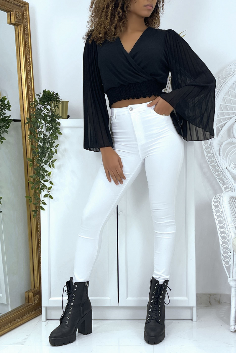 Zwarte wikkelblouse met aangerimpelde mouwen. Damesblouse - 5
