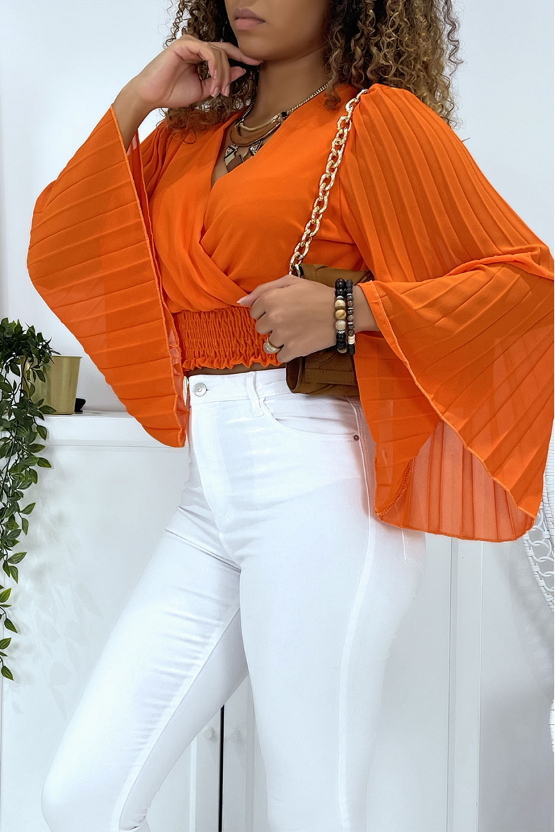 Oranje wikkelblouse met geplooide mouwen. Damesblouse - 4