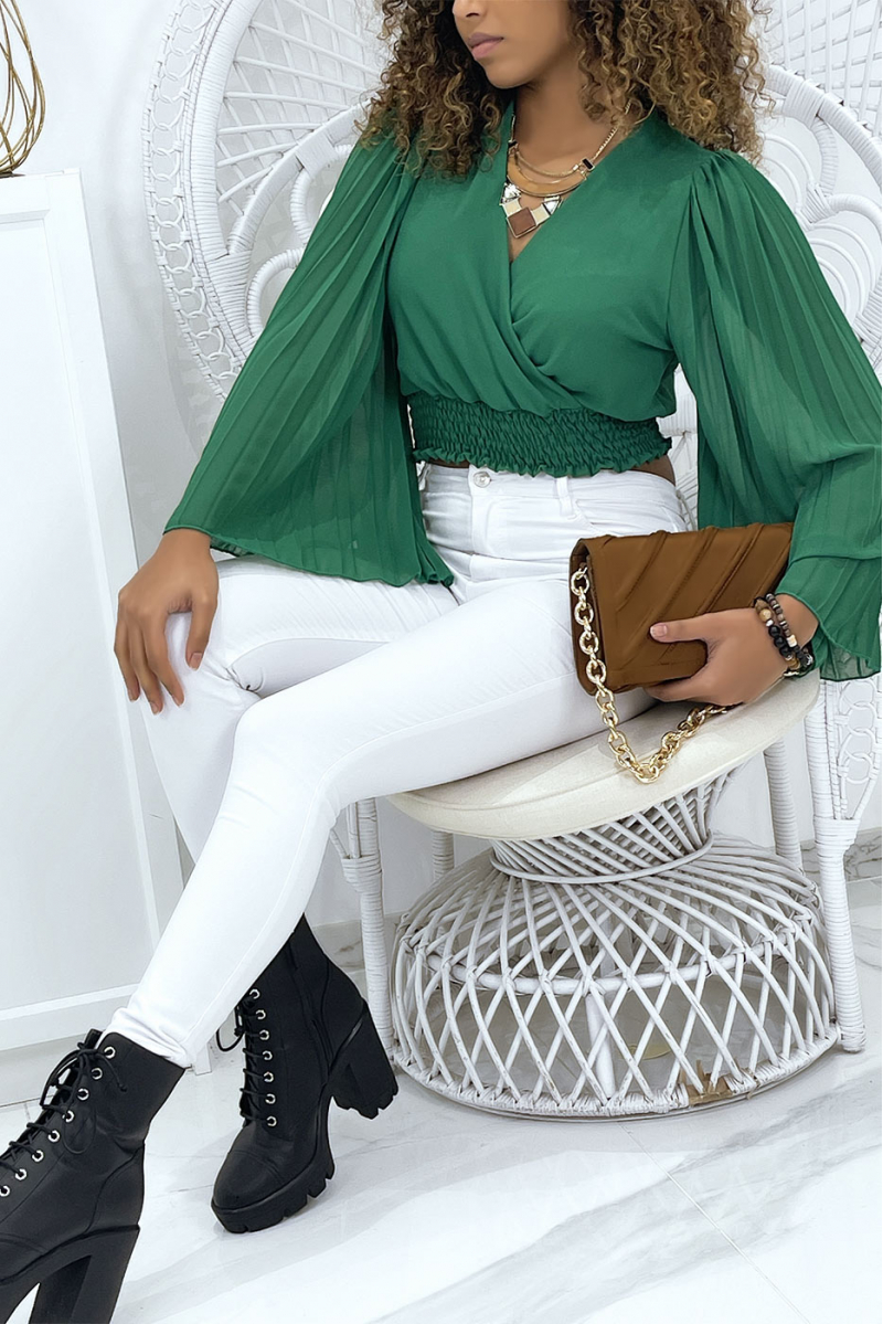 Blouse cache coeur kaki manches plissé. Blouse femme - 1