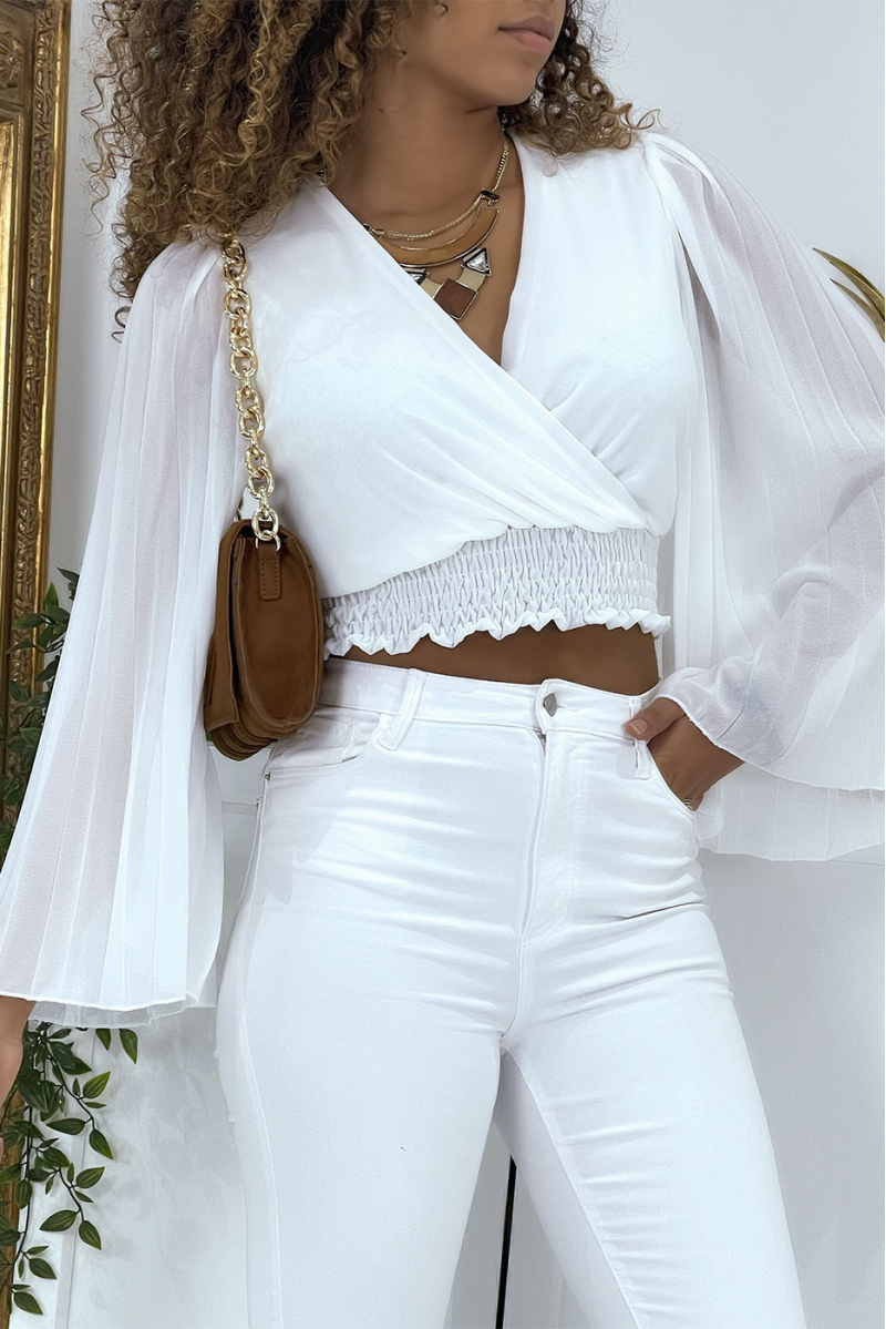 White wrap blouse with pleated sleeves. Women's blouse - 5