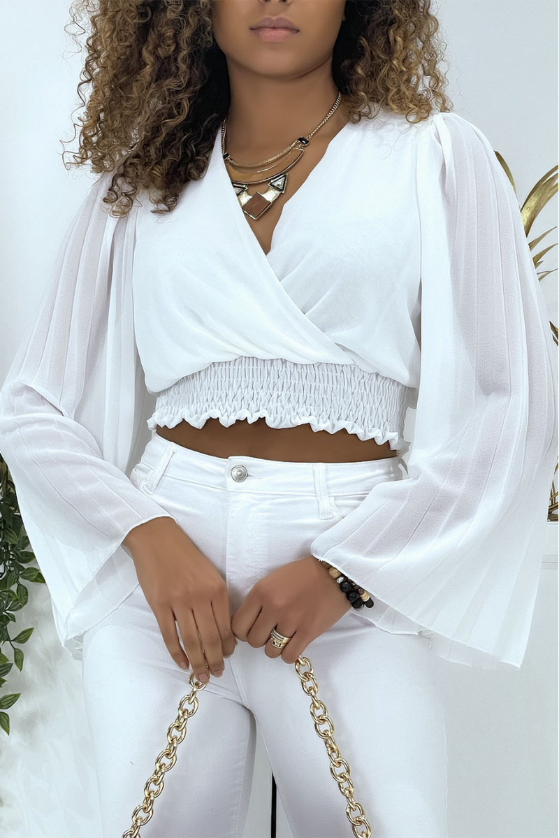 White wrap blouse with pleated sleeves. Women's blouse - 6