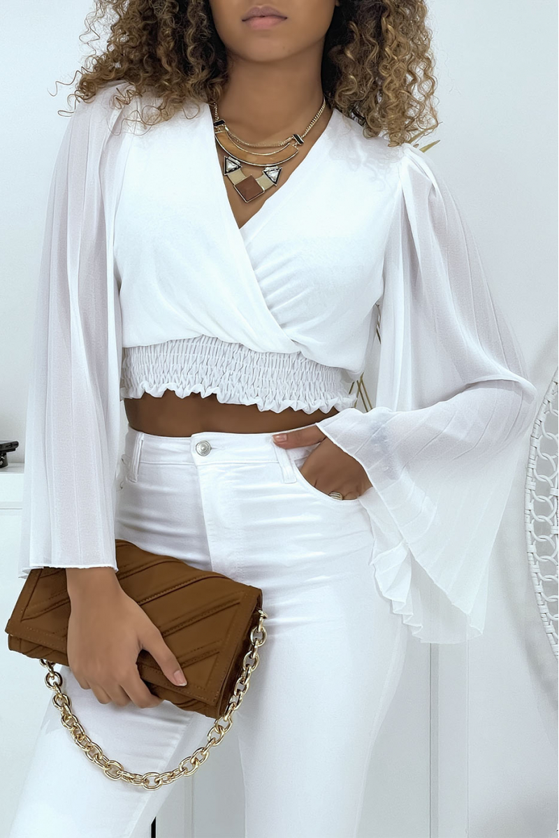 White wrap blouse with pleated sleeves. Women's blouse - 7