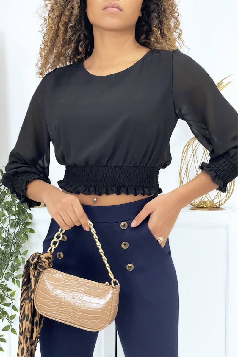 Blouse noire élastique à la taille et aux manches - 2