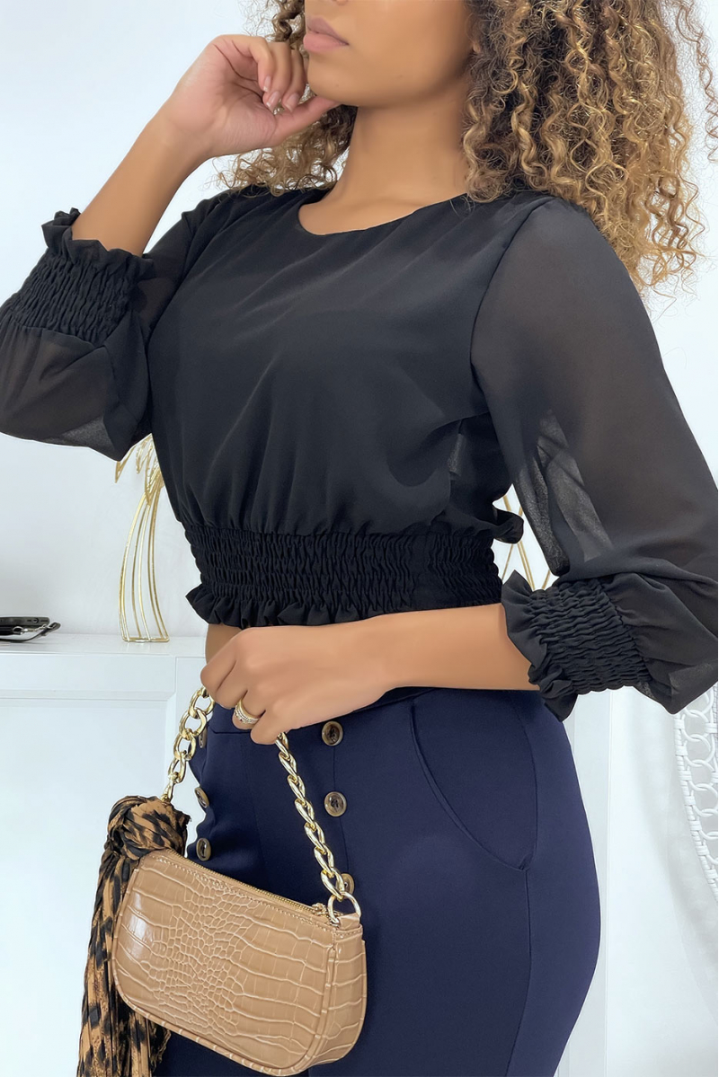 Blouse noire élastique à la taille et aux manches - 3