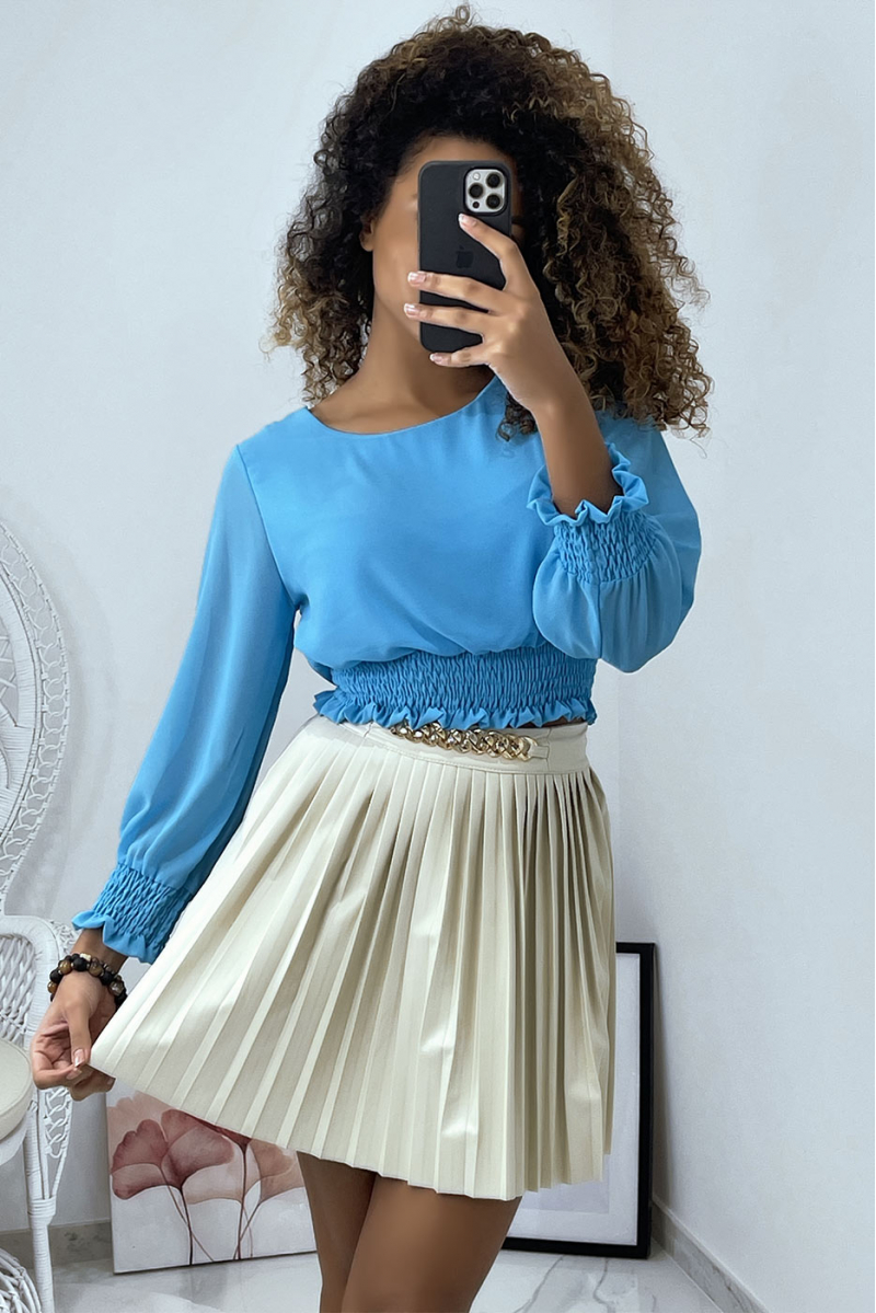 Turquoise blouse met elastische taille en mouwen - 1