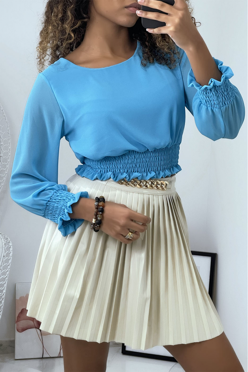 Turquoise blouse met elastische taille en mouwen - 2