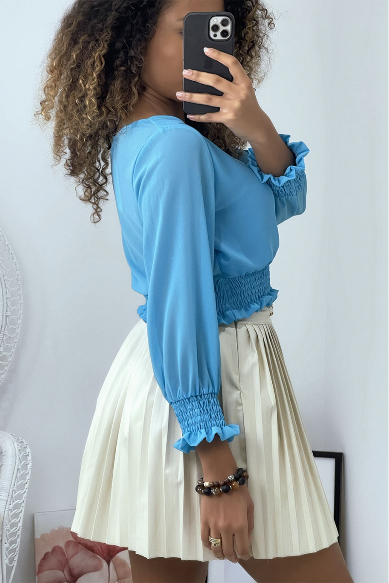 Turquoise blouse met elastische taille en mouwen - 3