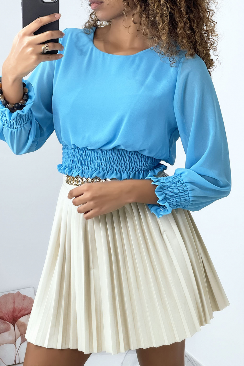 Turquoise blouse met elastische taille en mouwen - 4