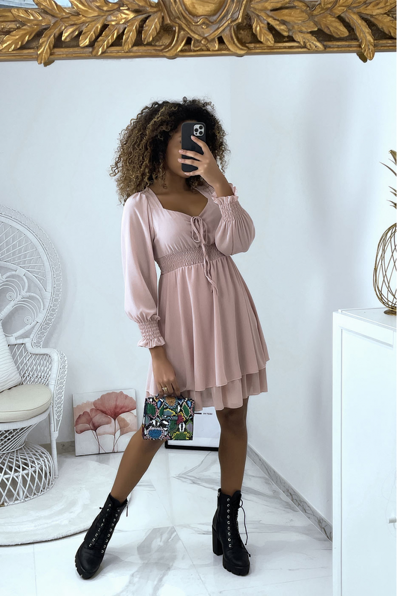 Pink dress with elastic waist and sleeves - 1