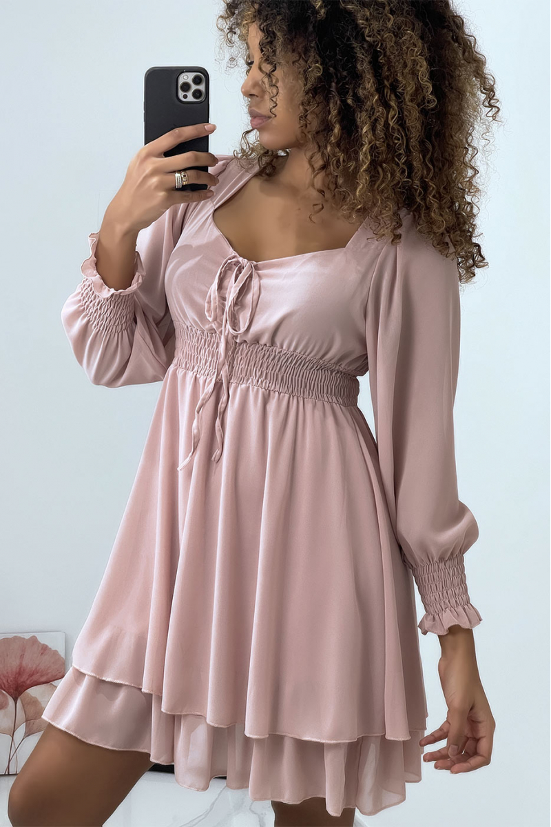 Pink dress with elastic waist and sleeves - 4