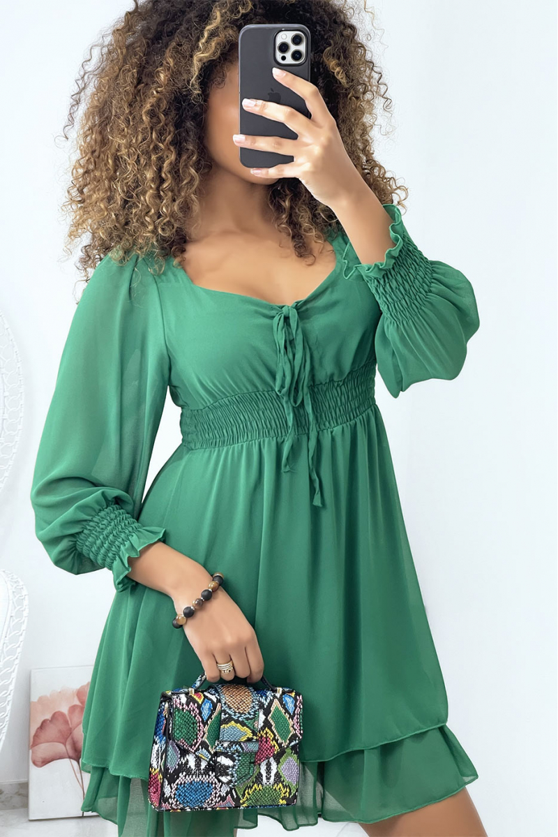 Khaki dress with elastic waist and sleeves - 2