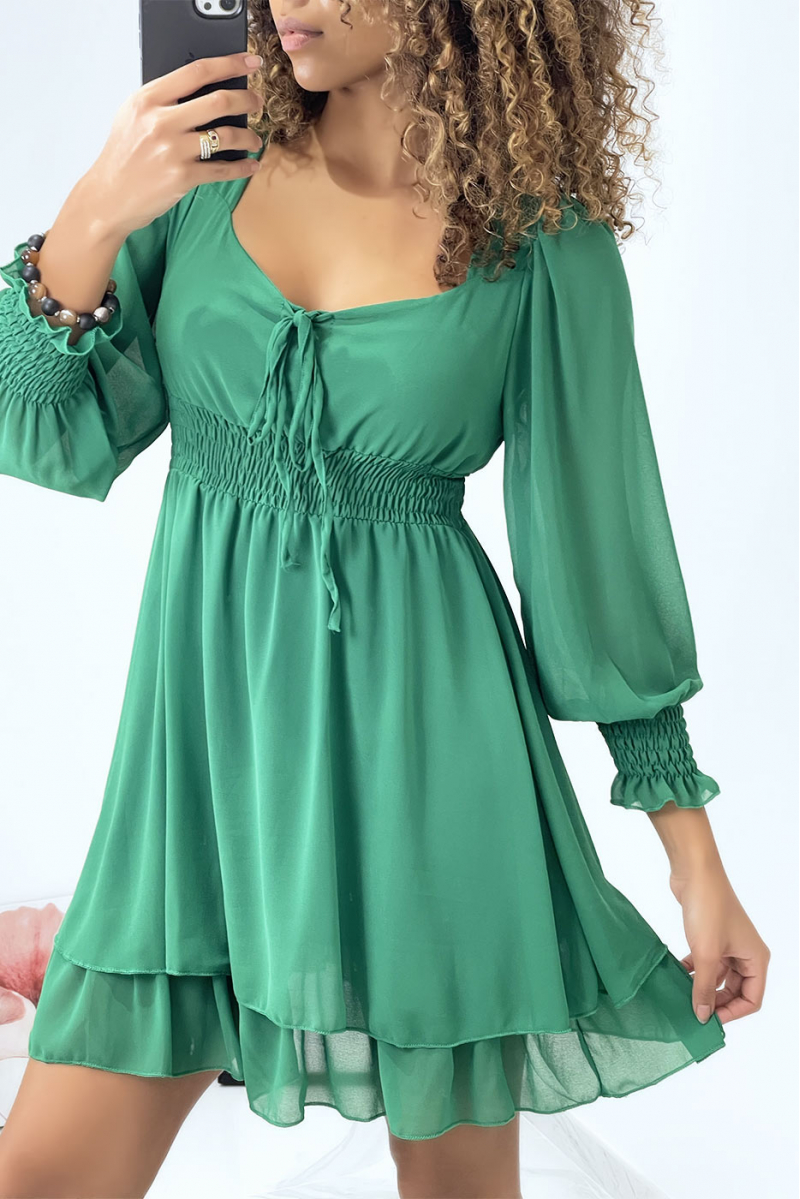 Khaki dress with elastic waist and sleeves - 3