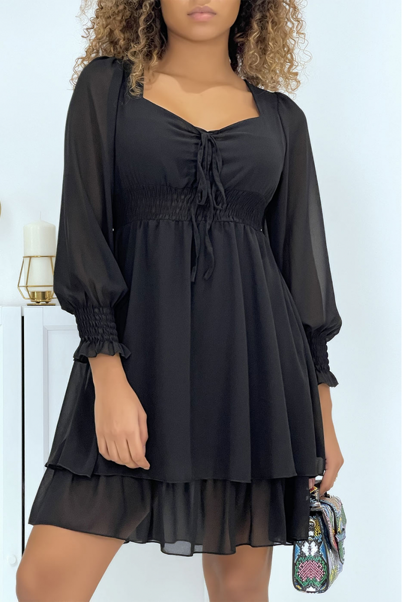Robe noire élastique à la taille et aux manches - 6