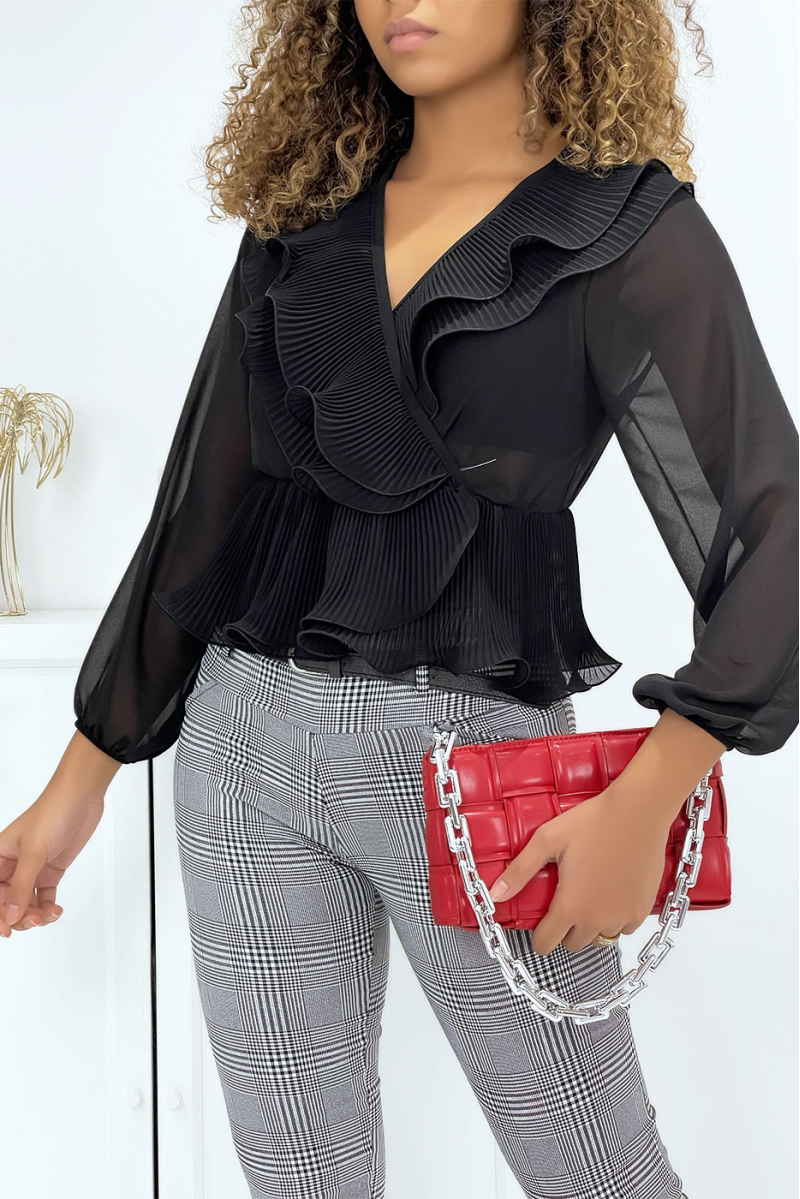 Black wrap blouse with pleats - 1