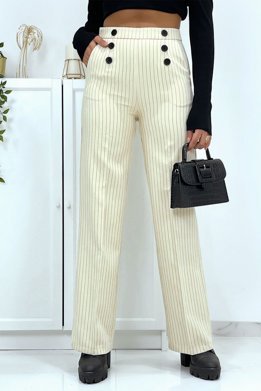 Pantalon palazzo beige à rayure avec poches - 1