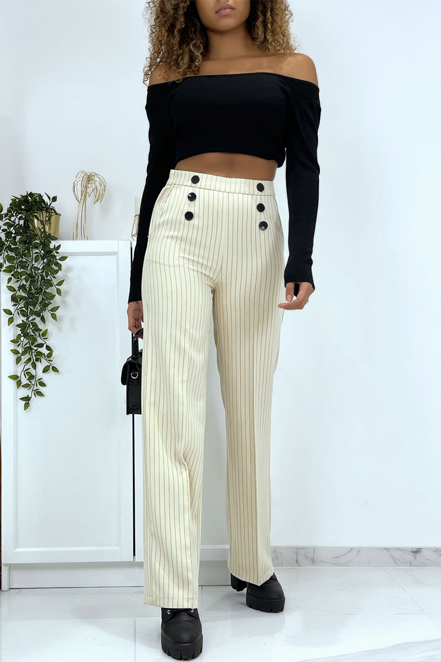 Pantalon palazzo beige à rayure avec poches - 3