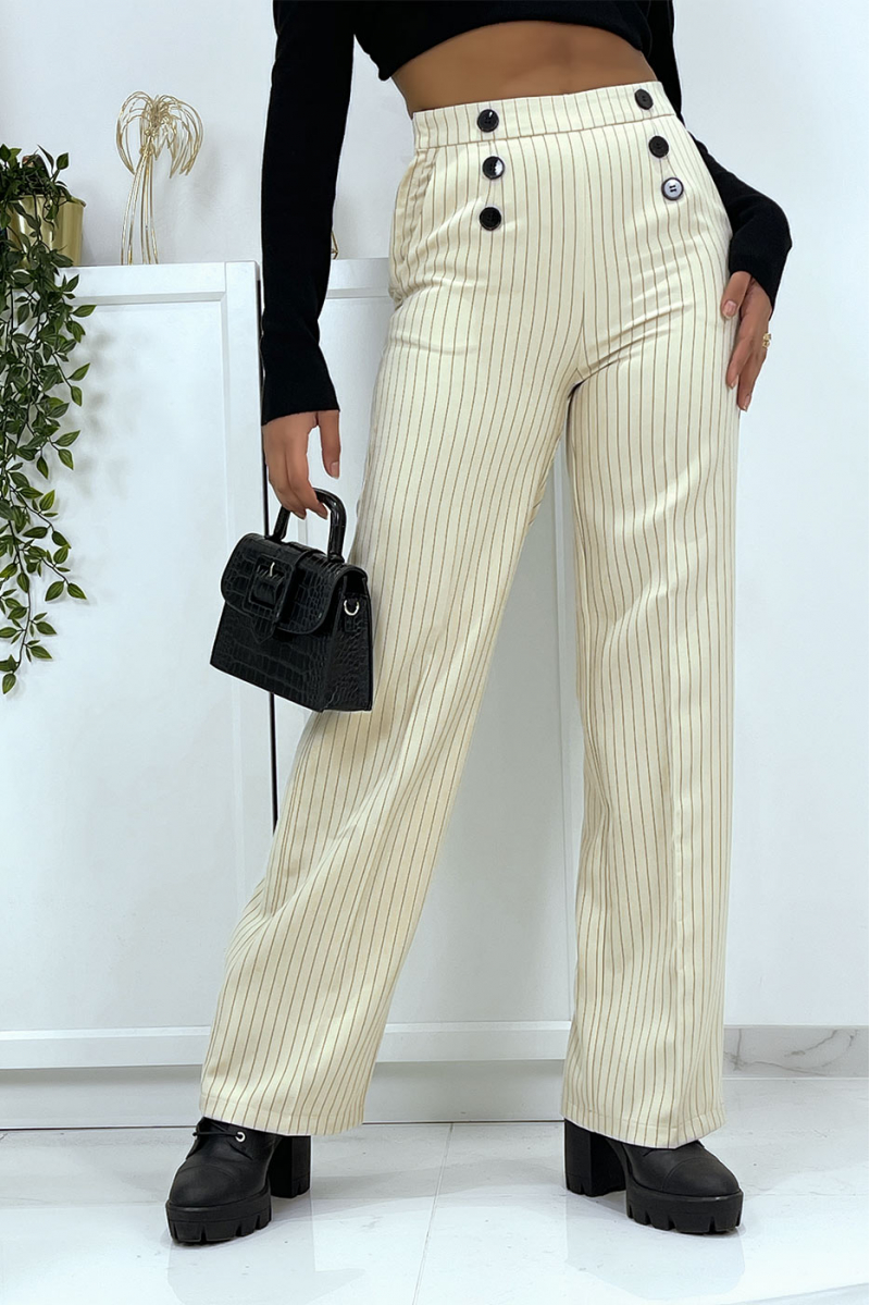 Beige striped palazzo pants with pockets - 4