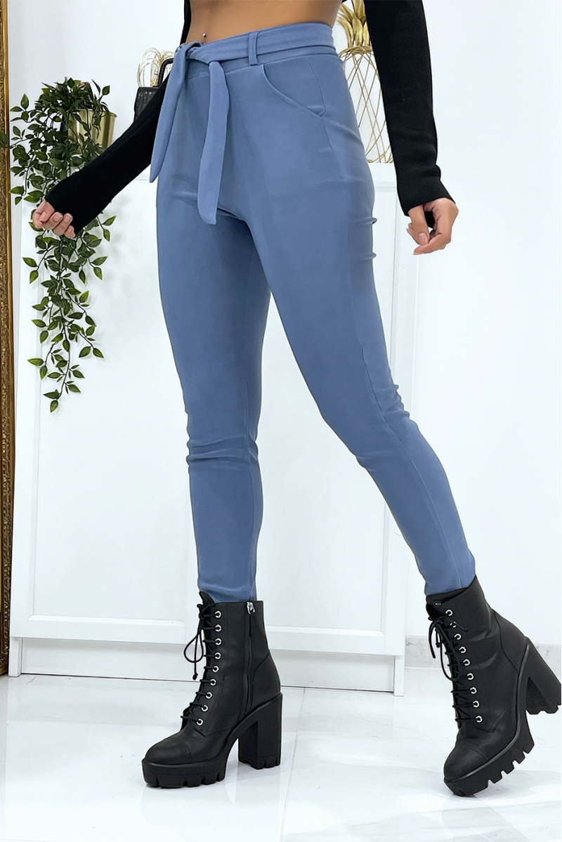 Blue slim pants with pockets and belt. Women's pants - 3