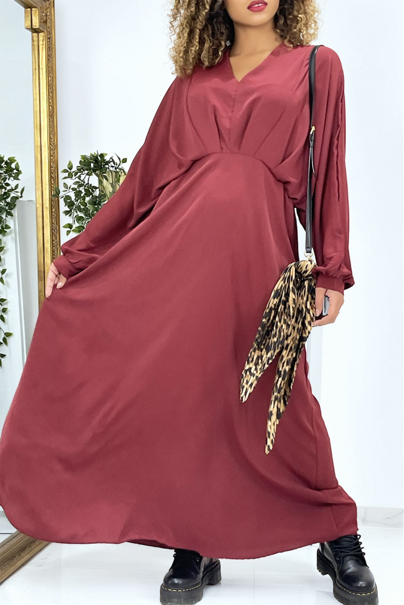 Lange oversized bordeauxrode jurk met V-hals - 3