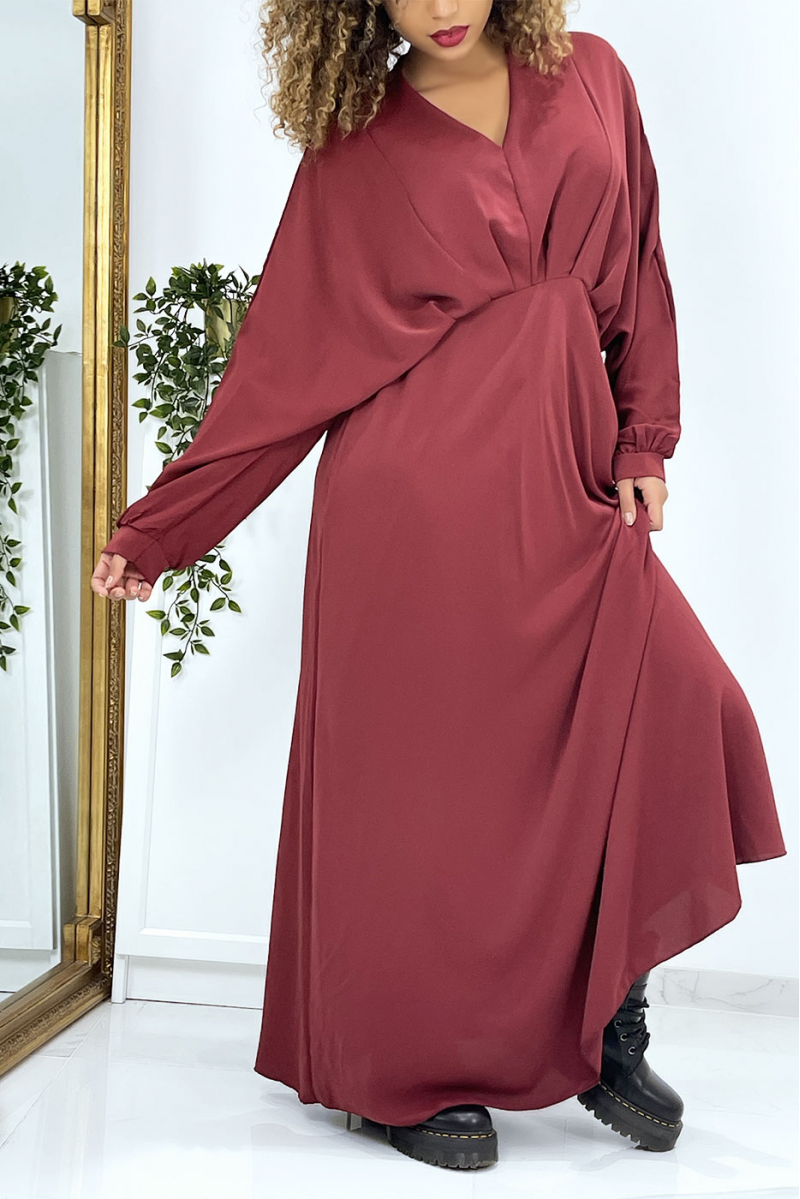 Lange oversized bordeauxrode jurk met V-hals - 4