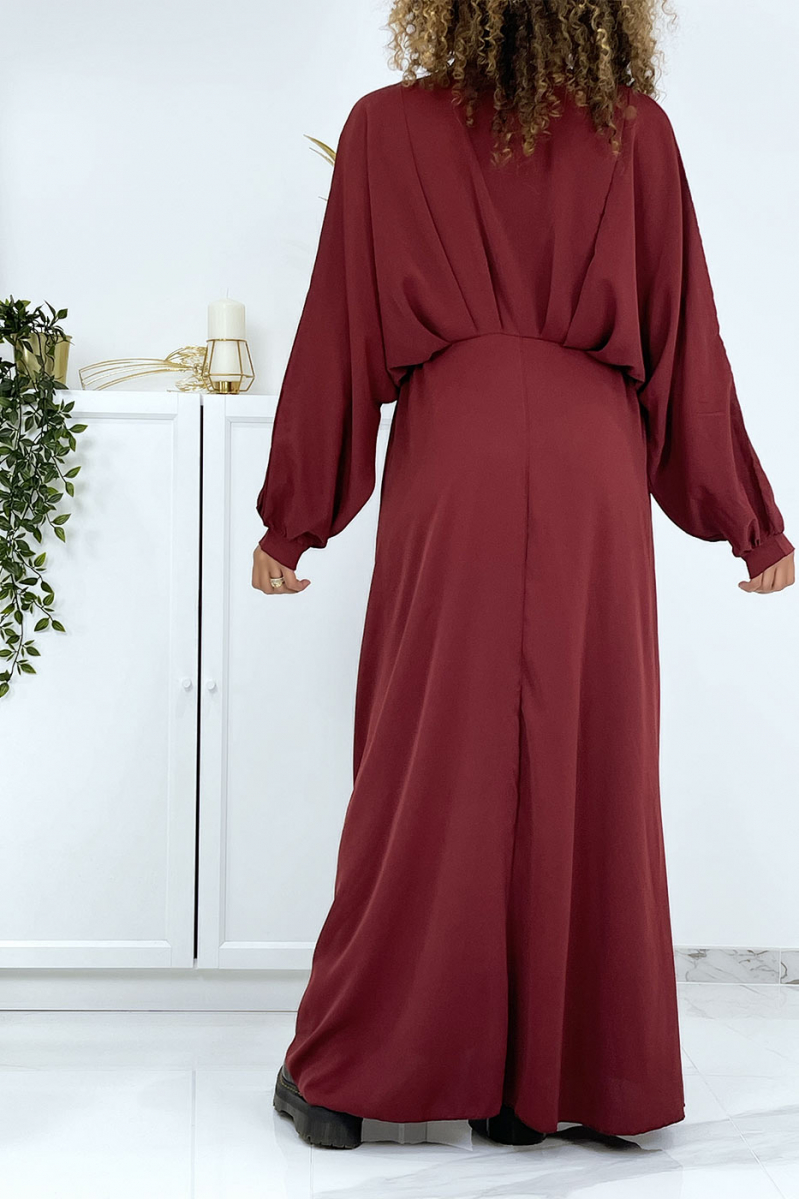Lange oversized bordeauxrode jurk met V-hals - 5