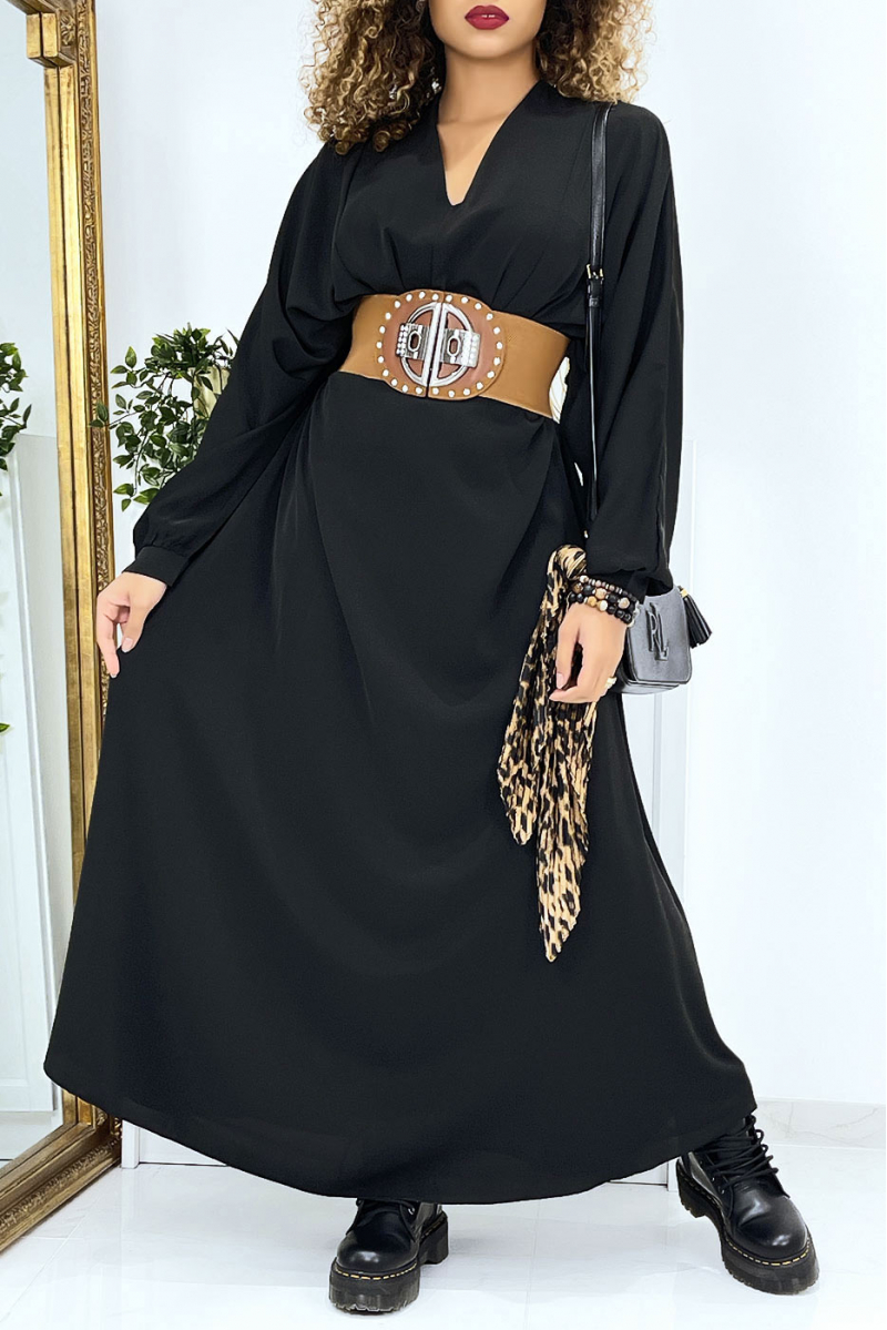 Lange zwarte oversized jurk met V-hals - 1