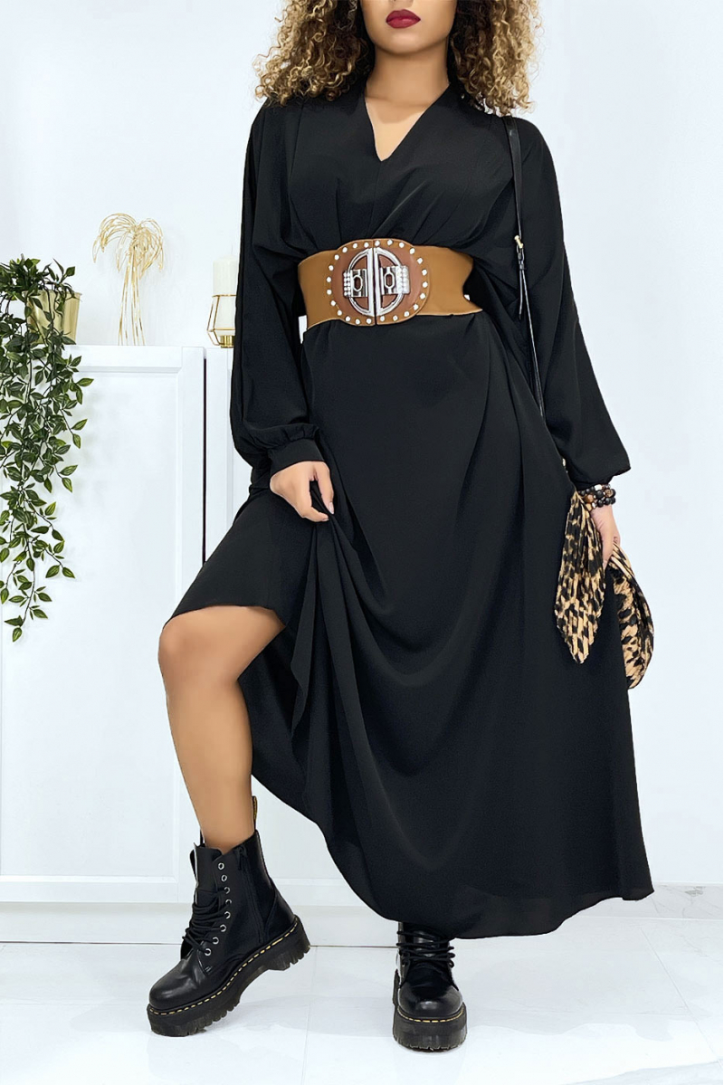 Long black oversized V-neck dress - 2