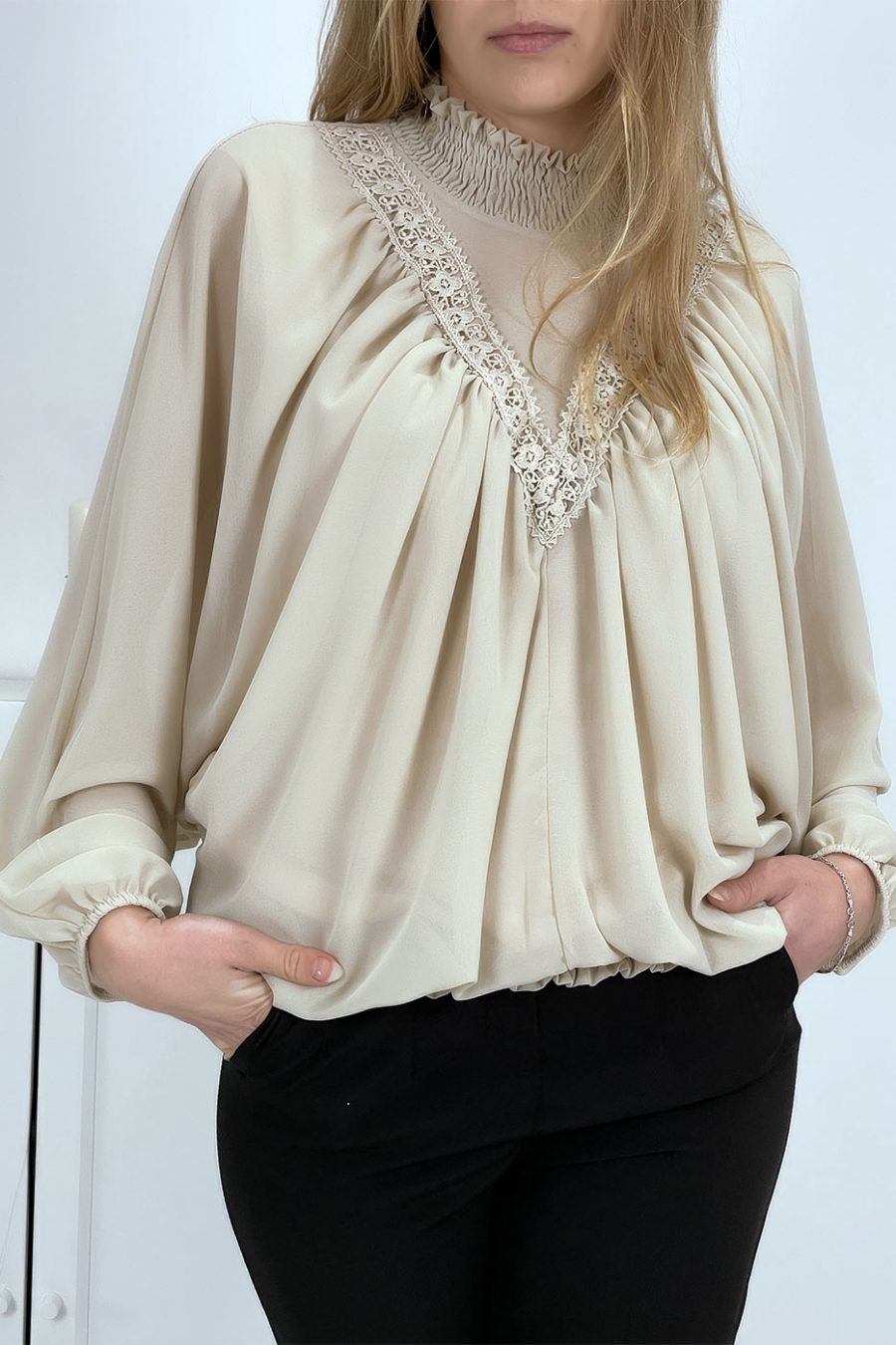 Women's beige high-neck blouse - 6