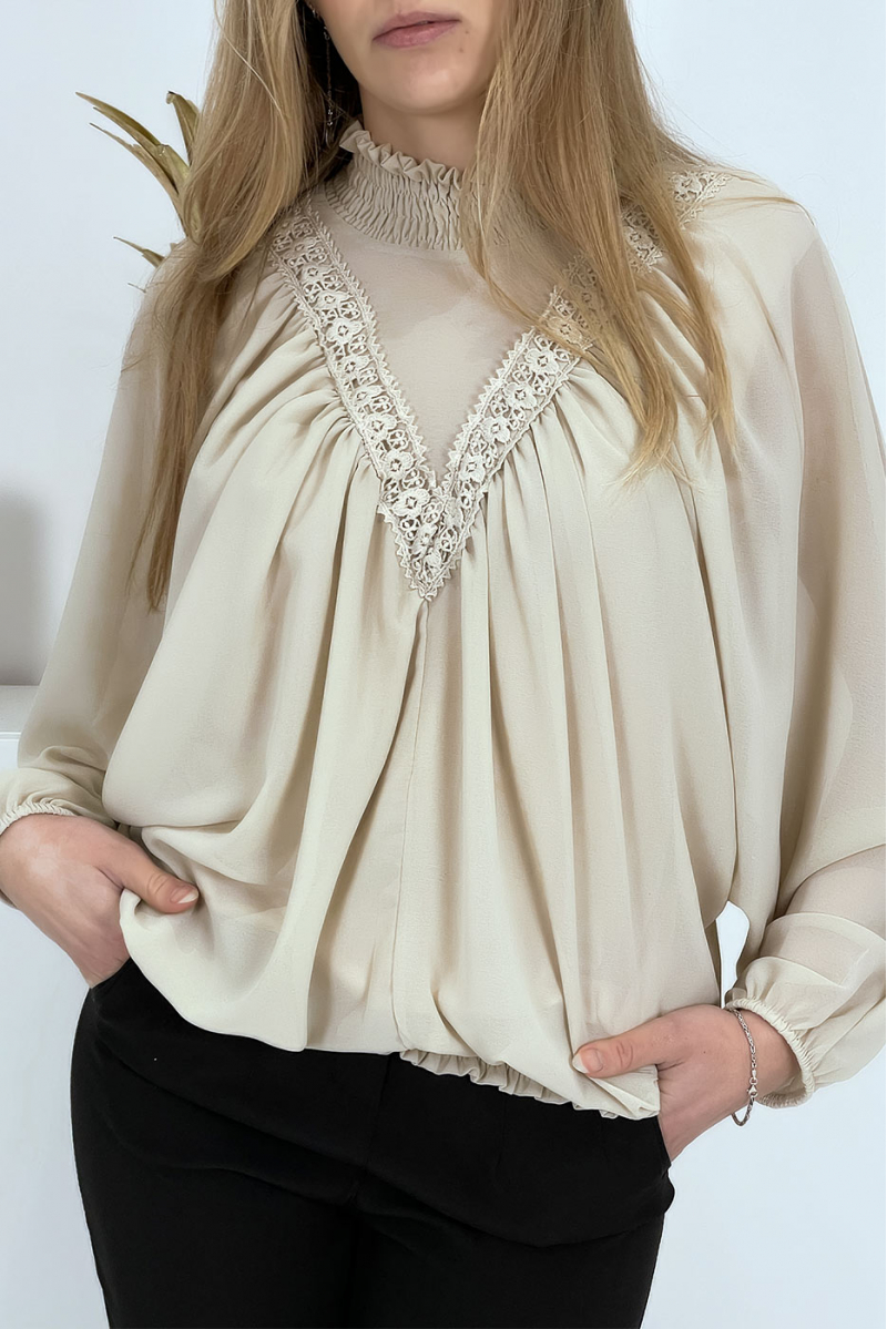 Blouse beige col montant femme - 5