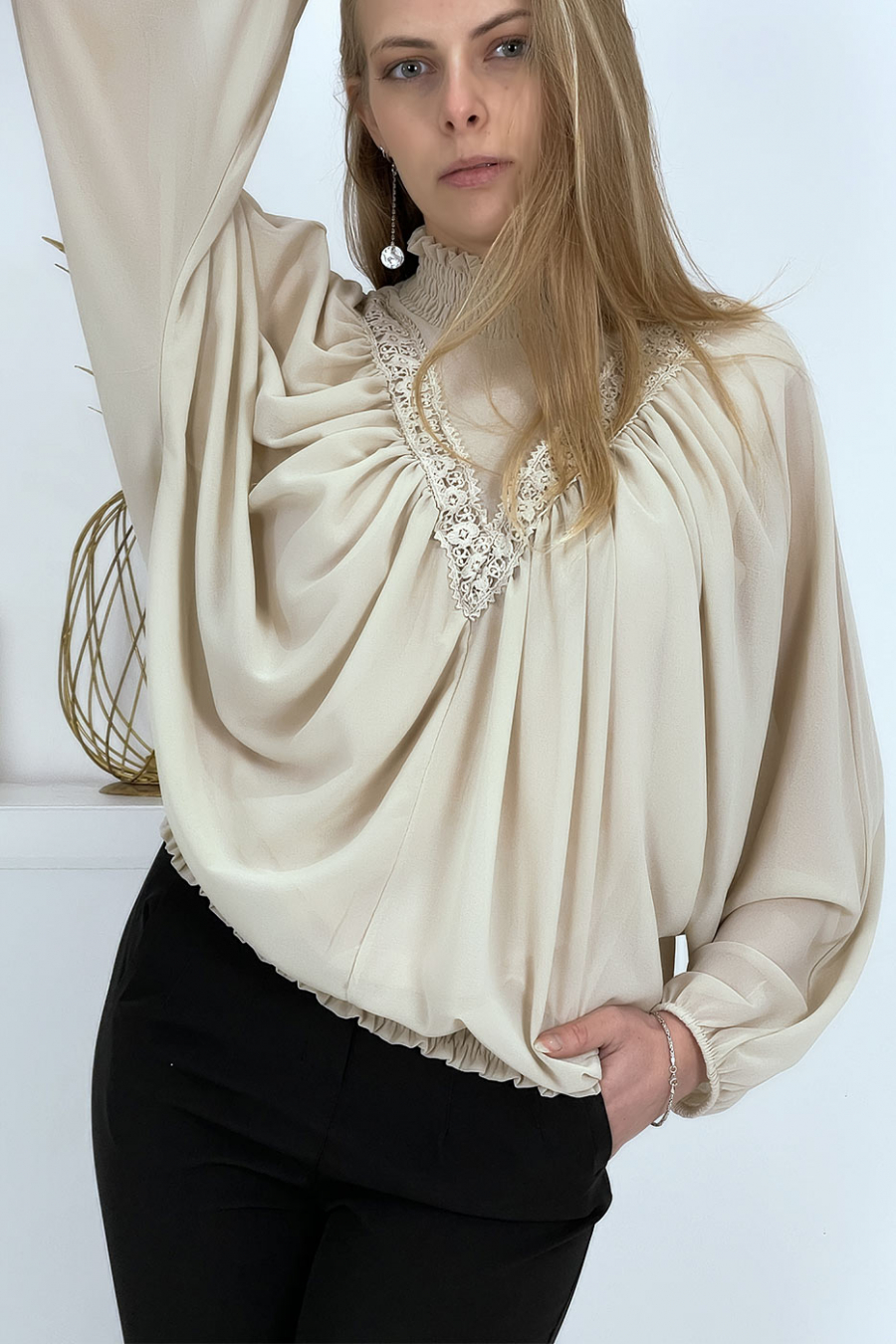 Women's beige high-neck blouse - 7