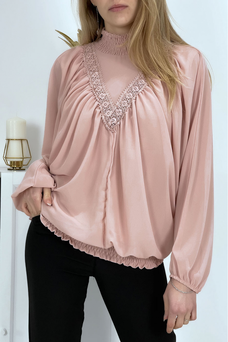 Roze damesblouse met opstaande kraag - 2