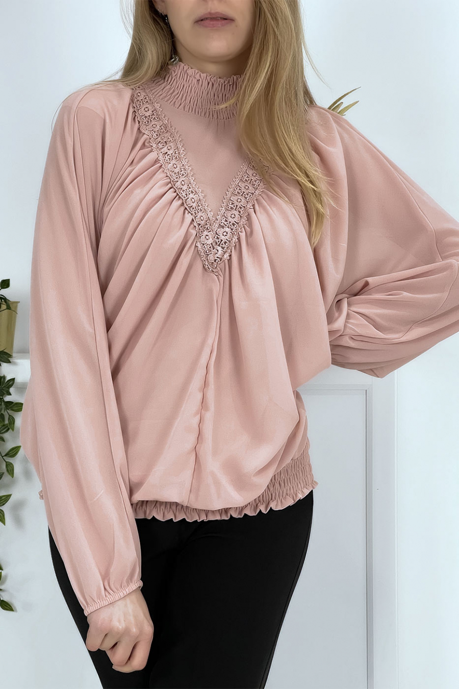 high neck pink blouse