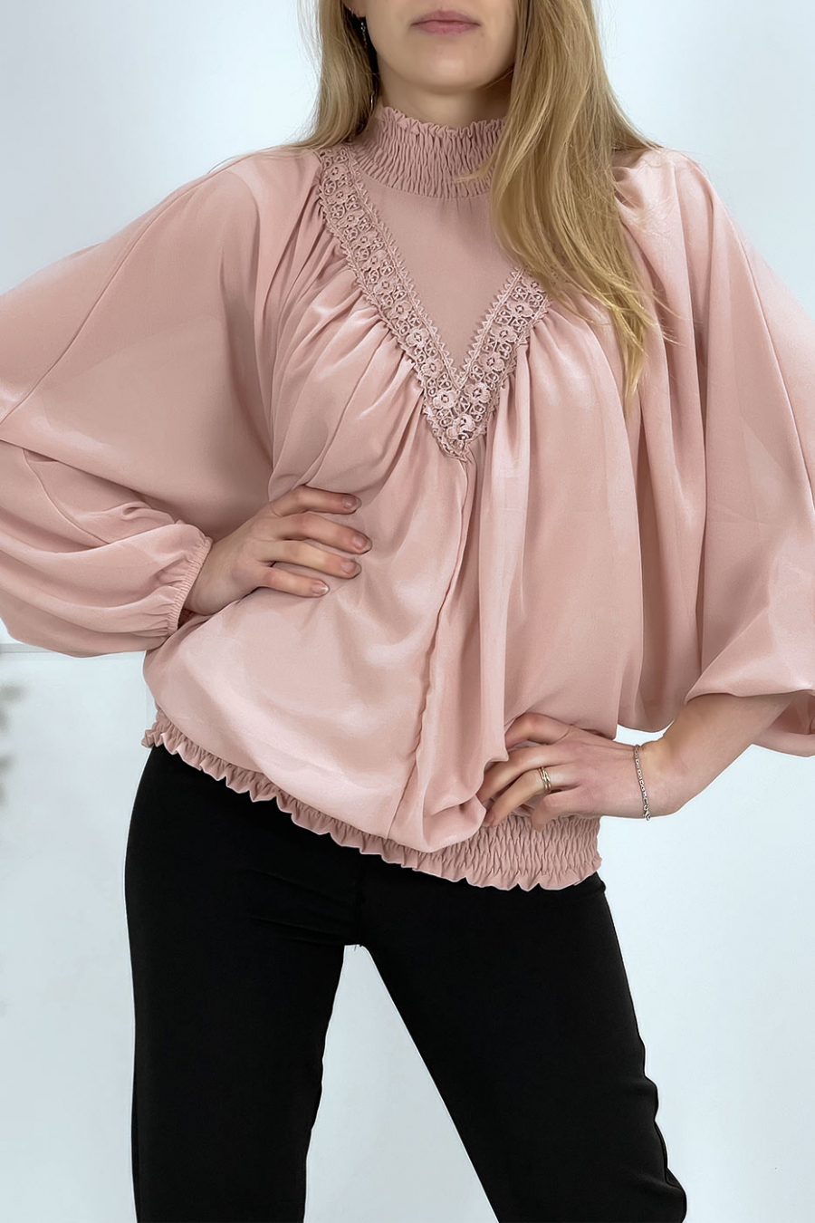 Women's pink blouse with stand-up collar - 6