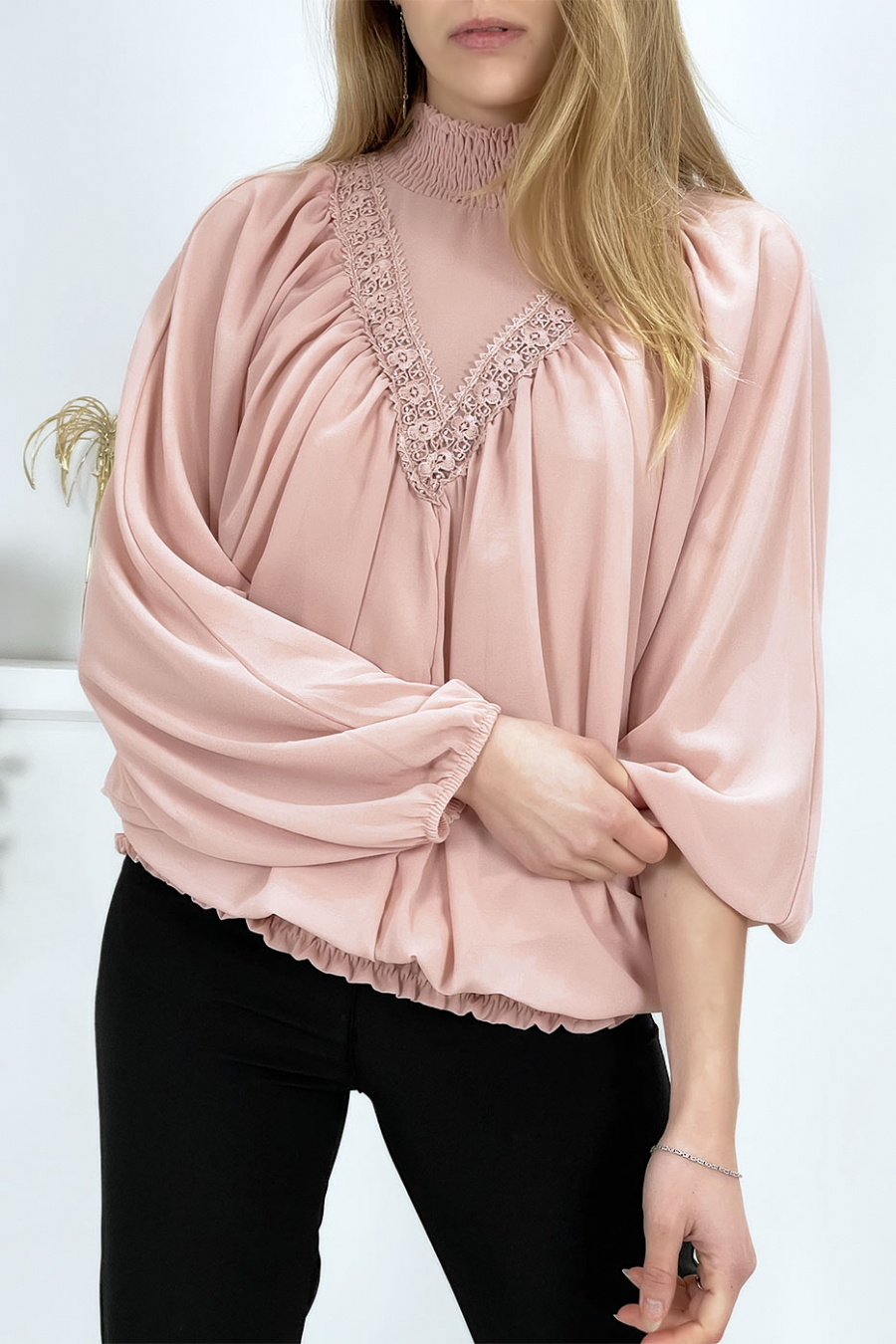Blouse rose col montant femme - 5