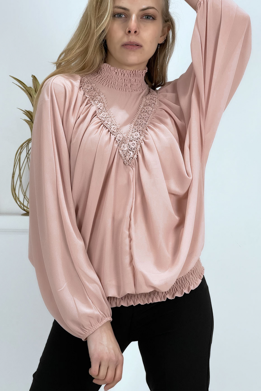 Women's pink blouse with stand-up collar - 7