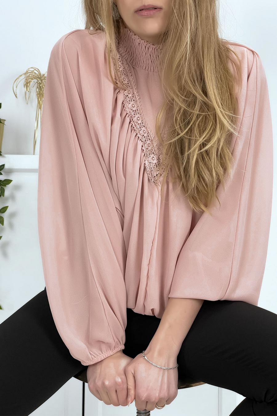 Blouse rose col montant femme - 9