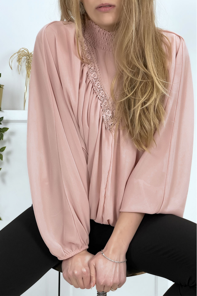 Women's pink blouse with stand-up collar - 9