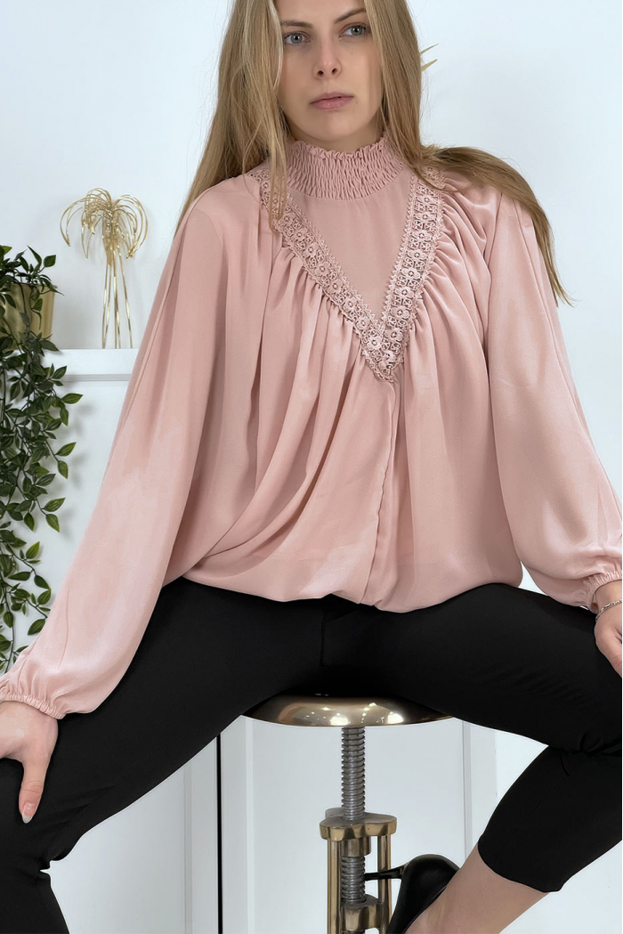 high neck pink blouse