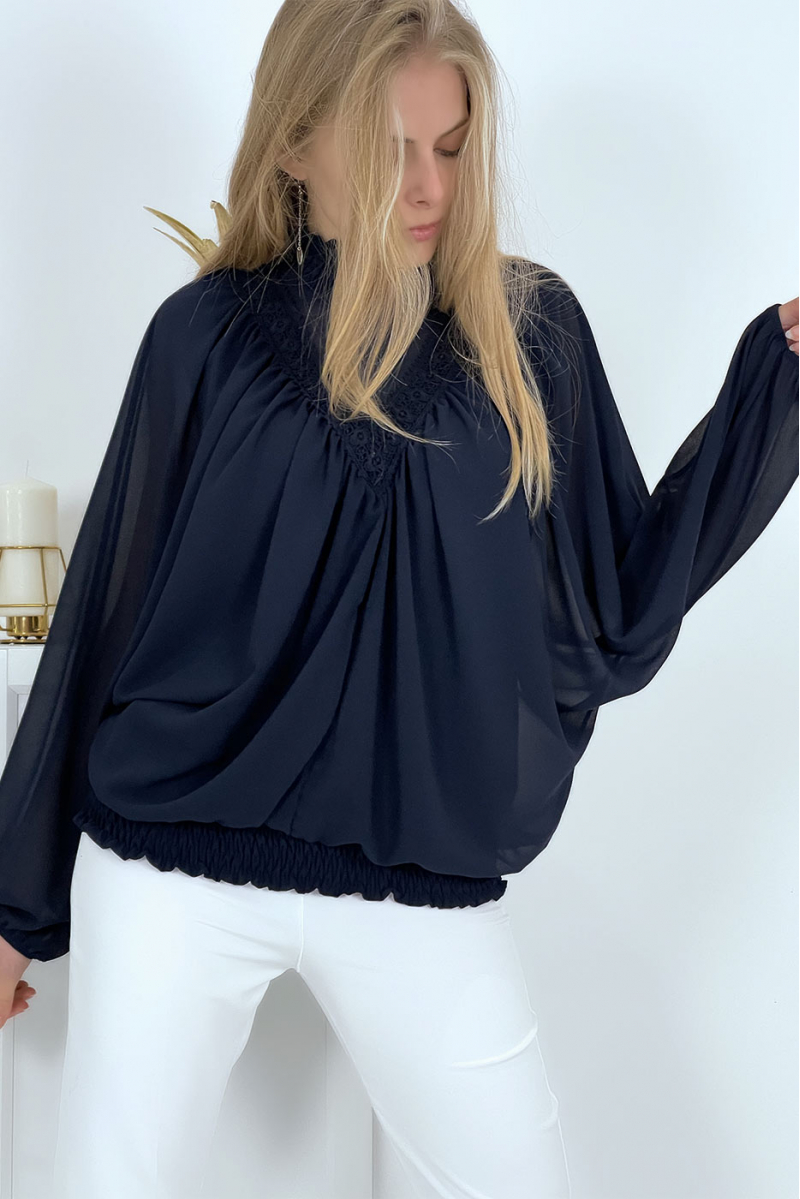 Women's navy blue blouse with stand-up collar - 3
