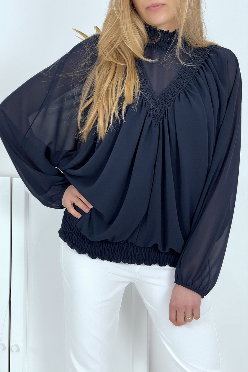 Women's navy blue blouse with stand-up collar - 2