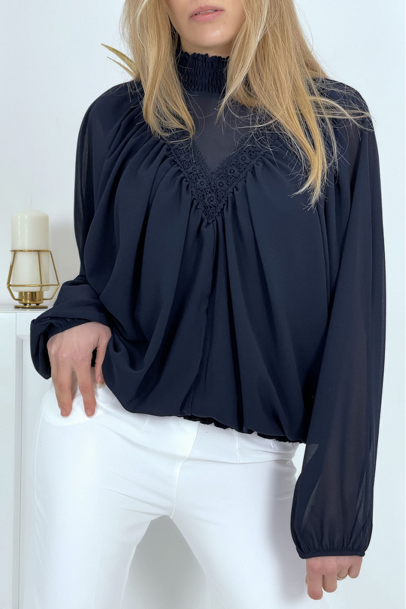 Women's navy blue blouse with stand-up collar - 4