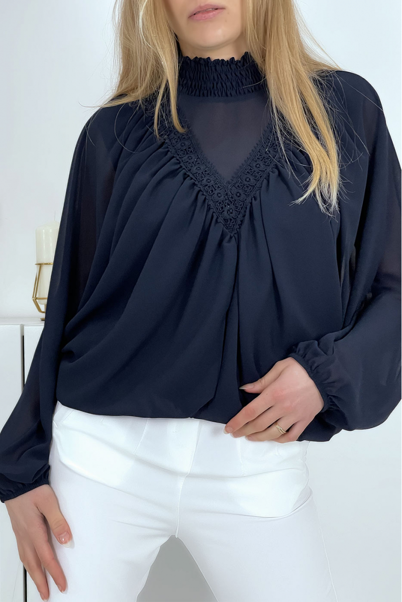 Women's navy blue blouse with stand-up collar - 1