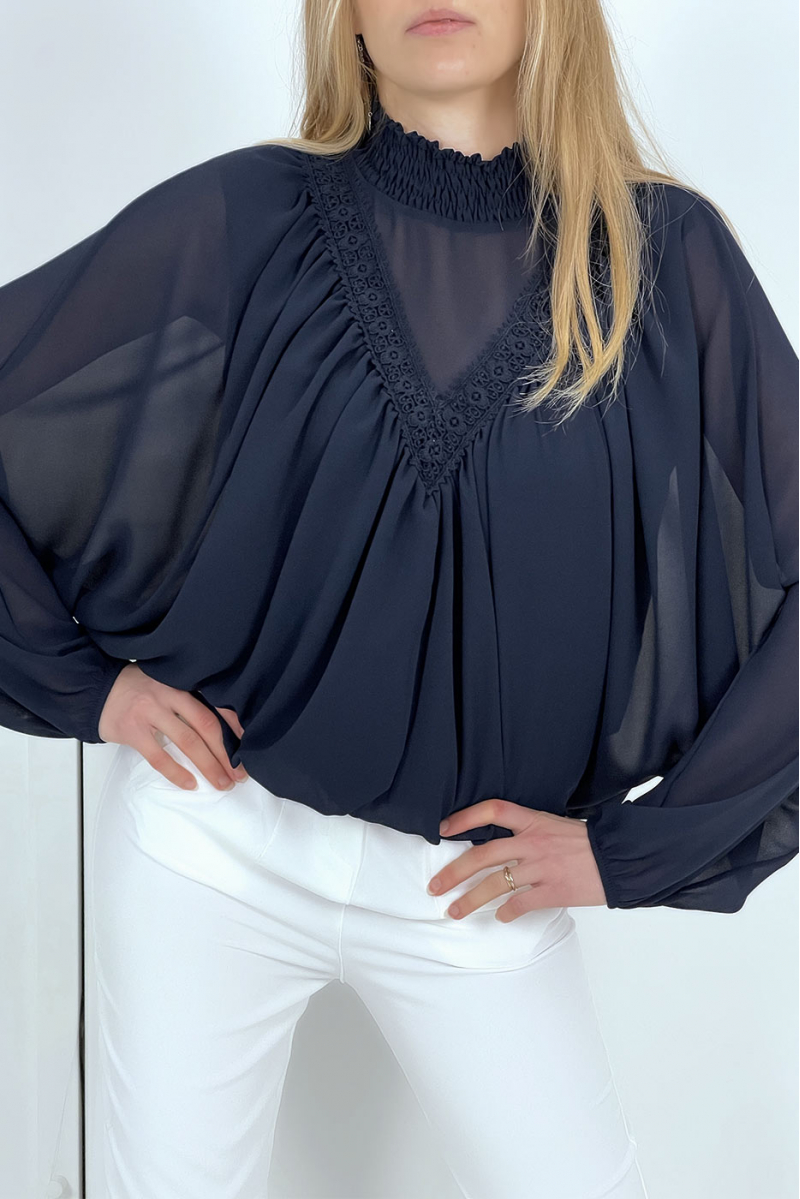 Women's navy blue blouse with stand-up collar - 5
