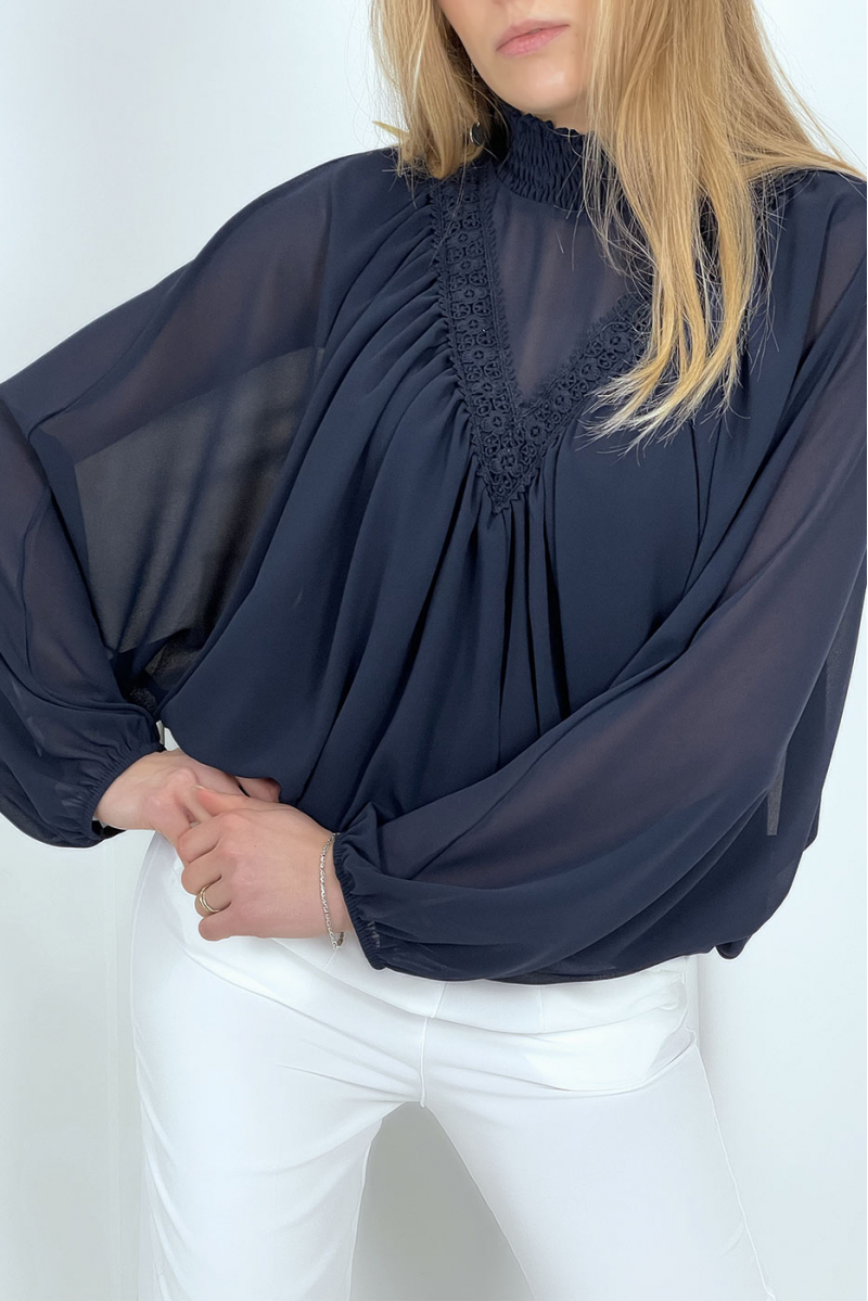 Women's navy blue blouse with stand-up collar - 6