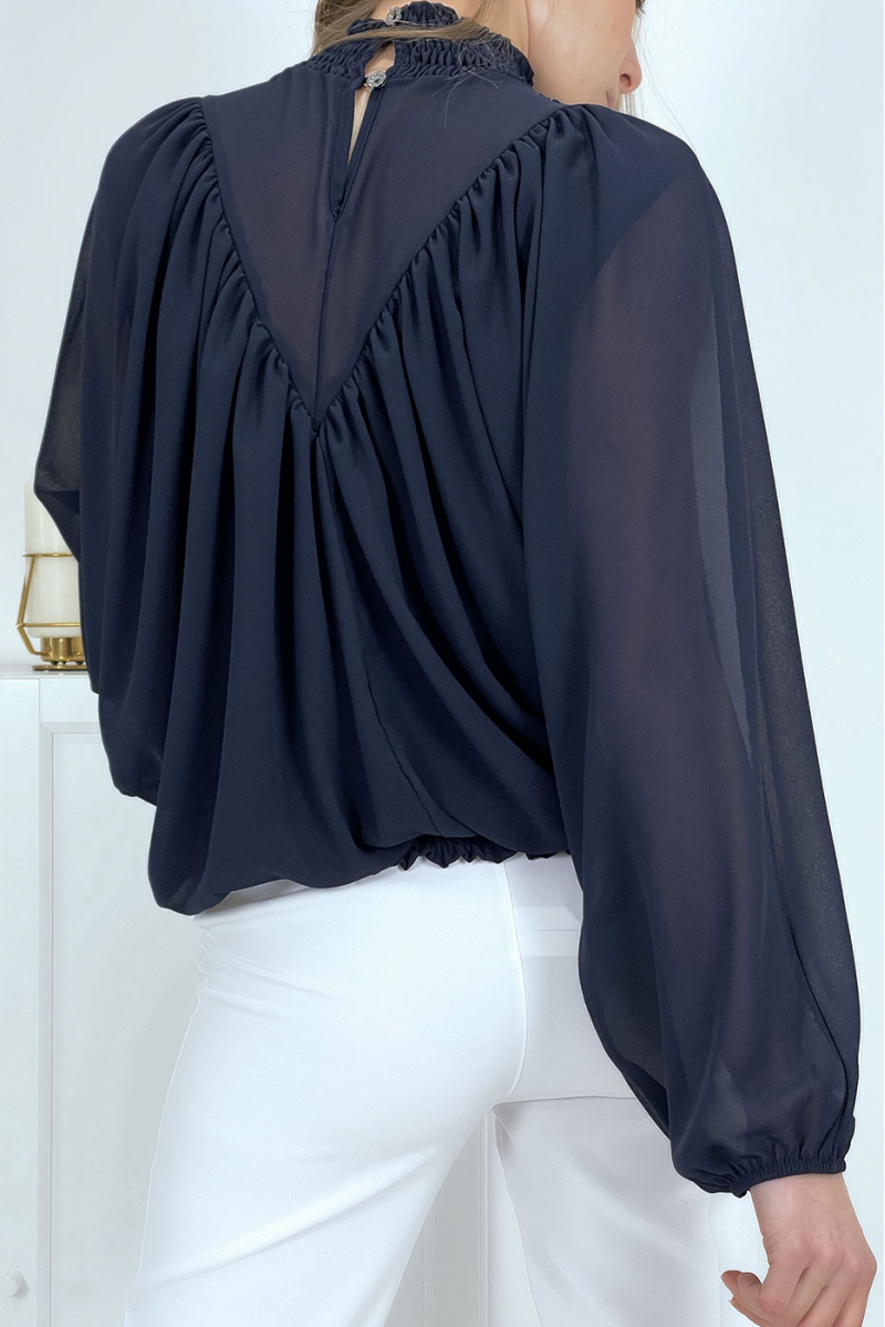 Women's navy blue blouse with stand-up collar - 7
