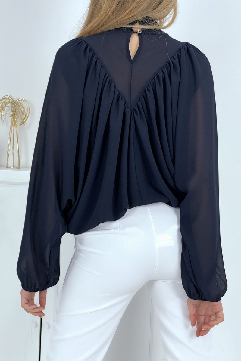 Women's navy blue blouse with stand-up collar - 8