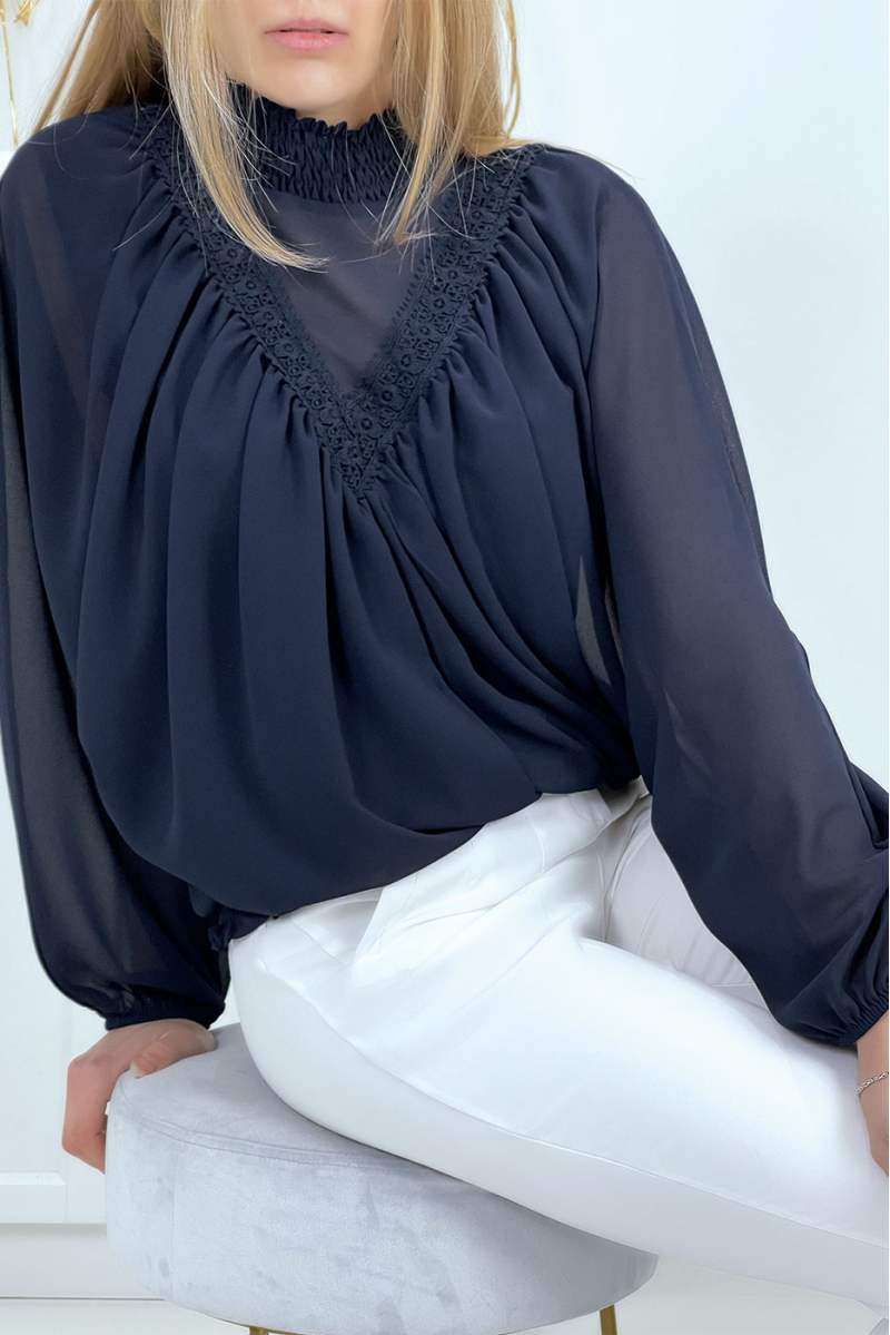 Women's navy blue blouse with stand-up collar - 9