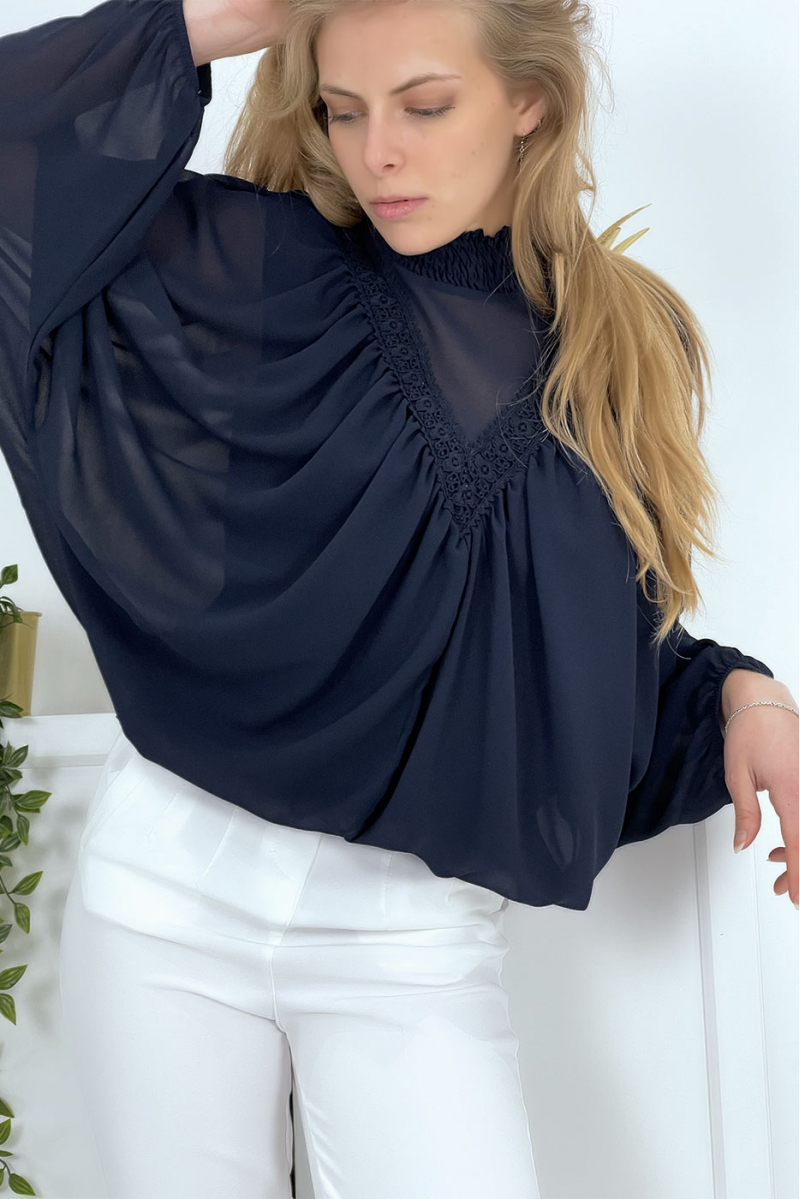 Women's navy blue blouse with stand-up collar - 10