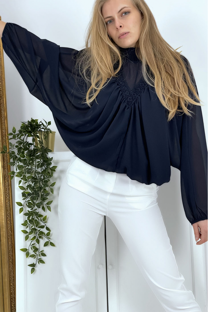 Women's navy blue blouse with stand-up collar - 12