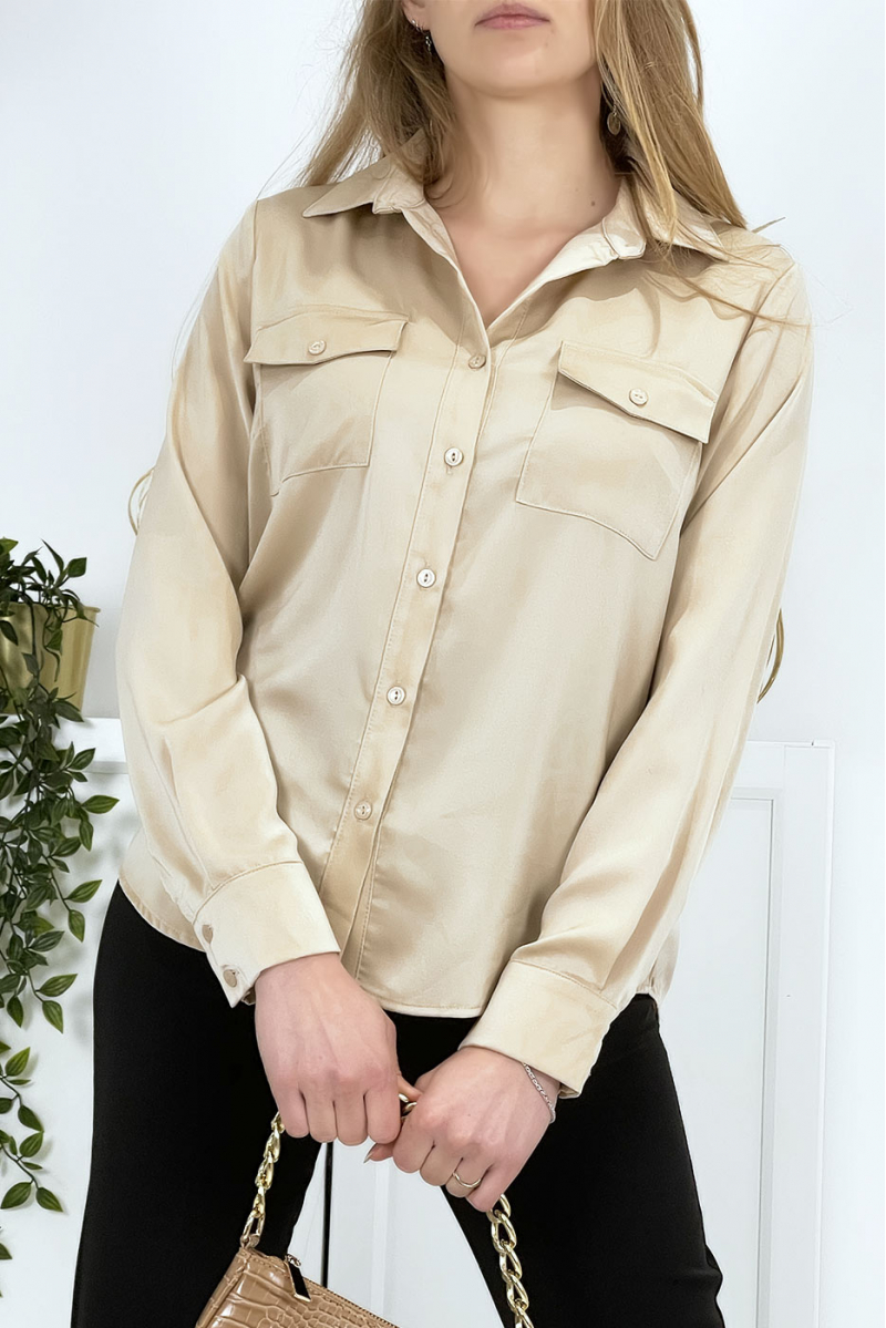 Women's beige satin shirt with pockets - 7
